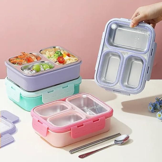 Three-compartment Lunch Container Lunch Box with Tableware Leak-proof Stainless Steel 620ml Color Box