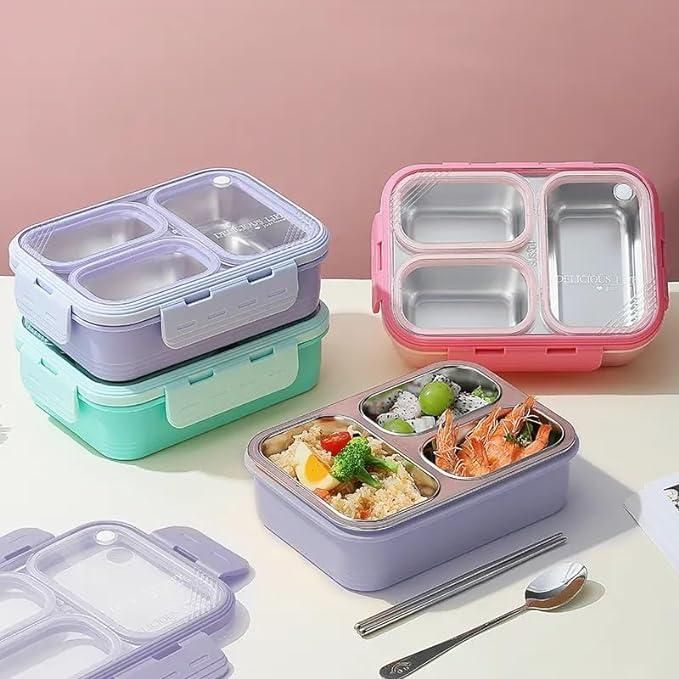 Three-compartment Lunch Container Lunch Box with Tableware Leak-proof Stainless Steel 620ml Color Box